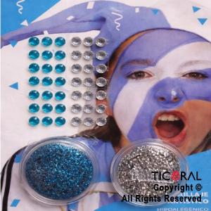 KIT MAQUILLAJE ARTISTICO GLITTER CELESTE Y PLATA (4 GR) + STRASS